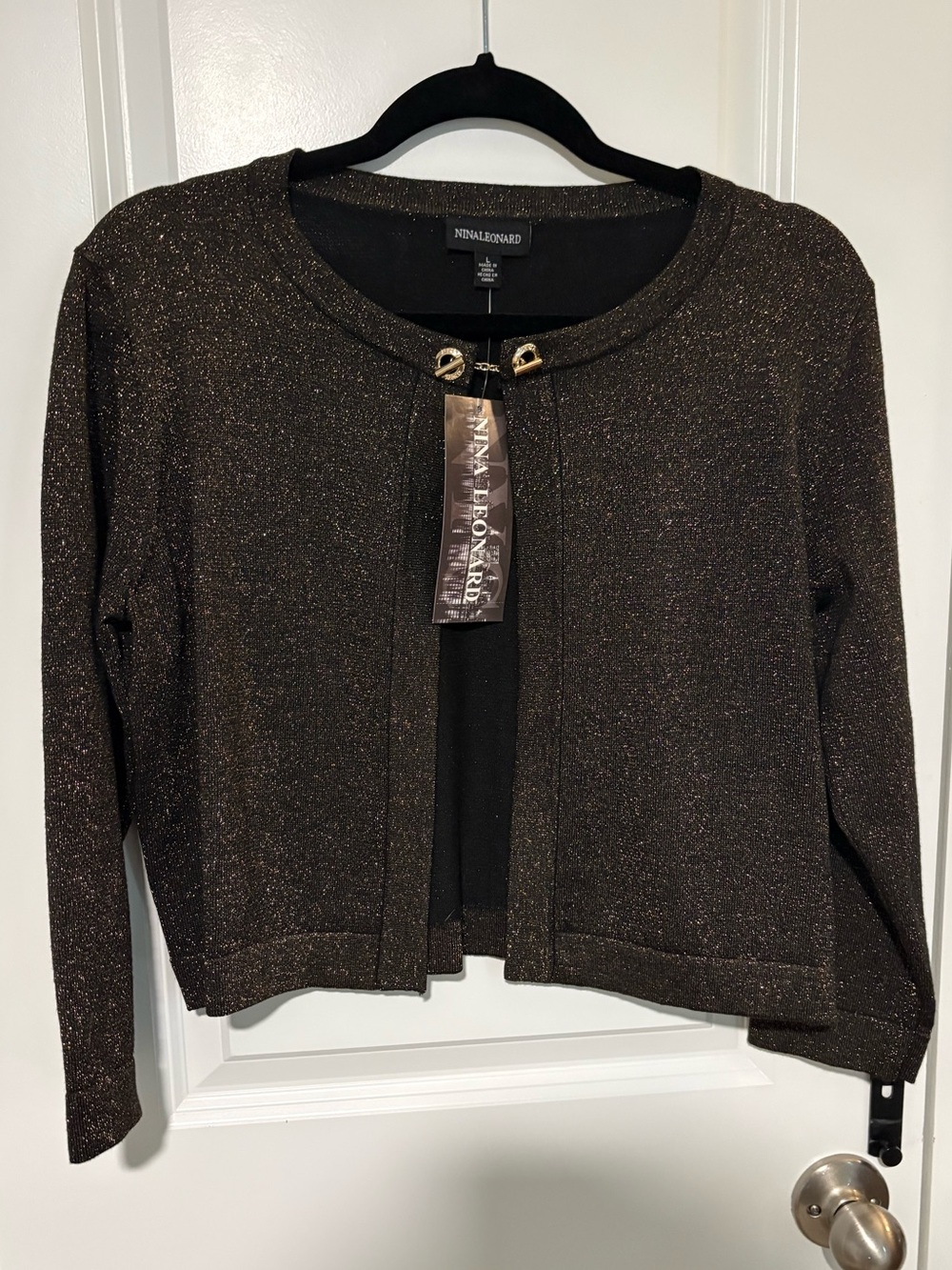 Nina Leonard Black Gold Shimmer Cropped Cardigan Size Large NWT